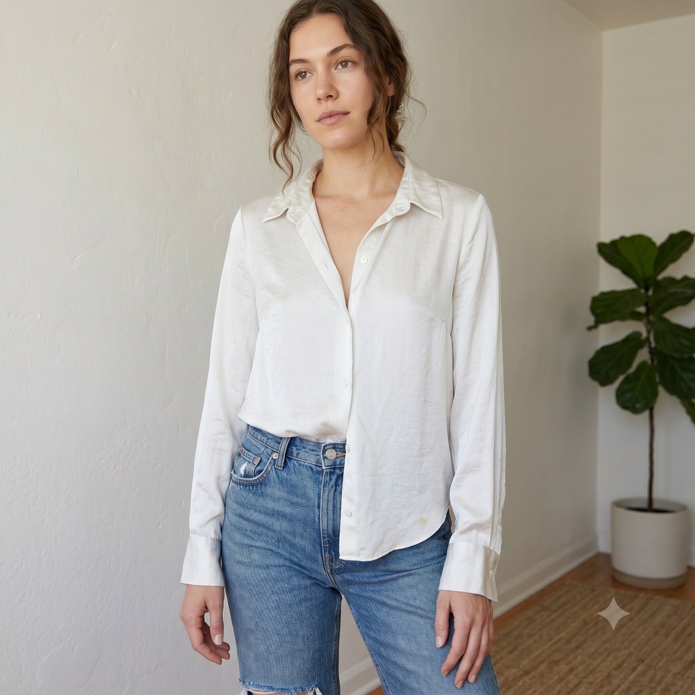 Aritzia Wilfred Womens Top Medium Pearl Satin Button Down Long Sleeve Minimalist
